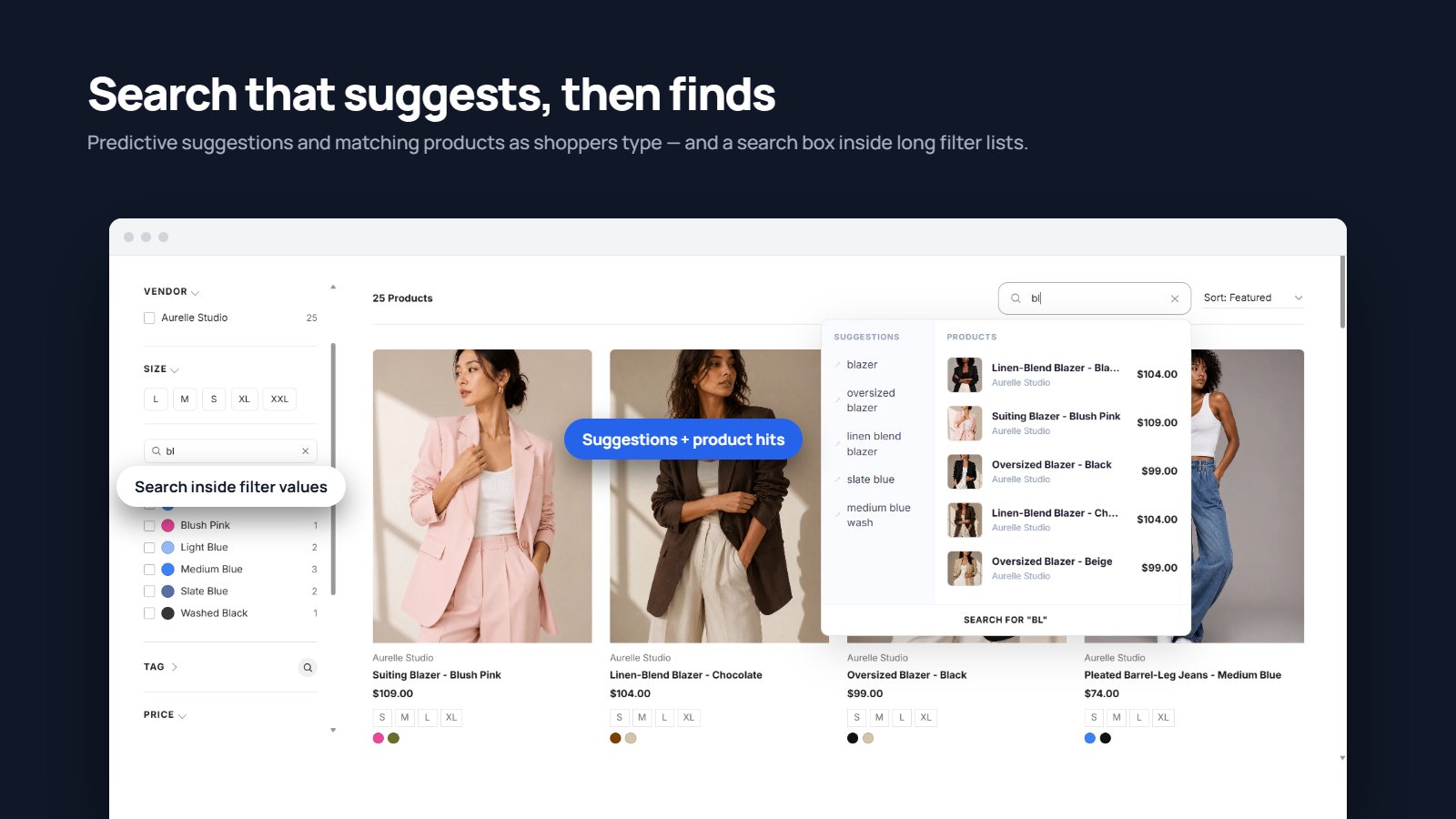 Instant product search running alongside the TurboFilterX filter sidebar