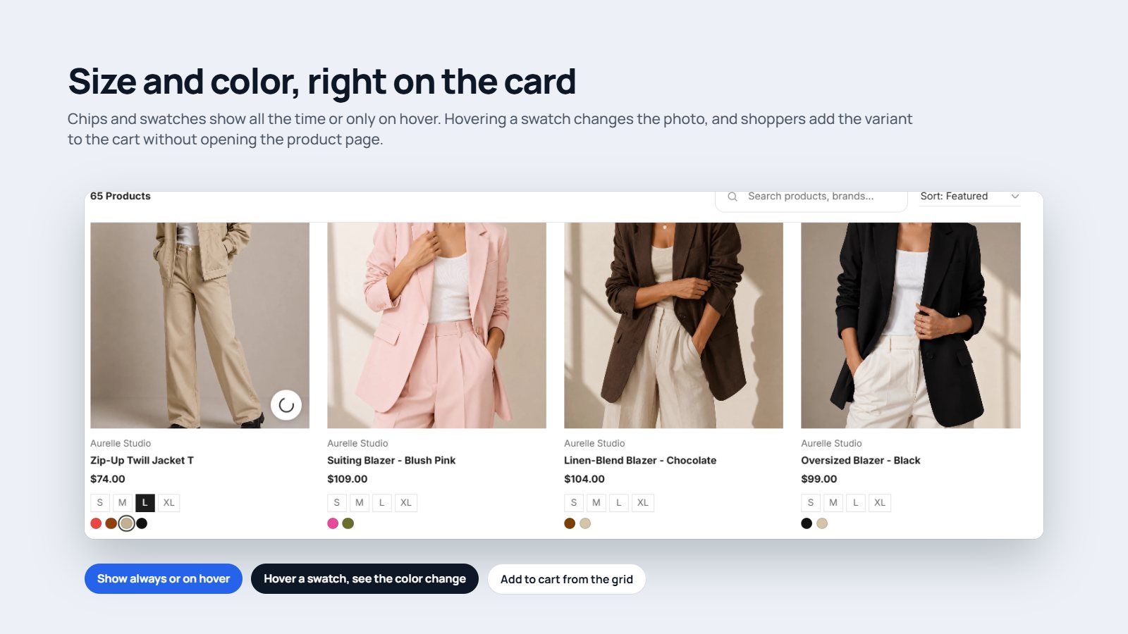 Product cards with colour swatches, size chips and add to cart directly in the collection grid