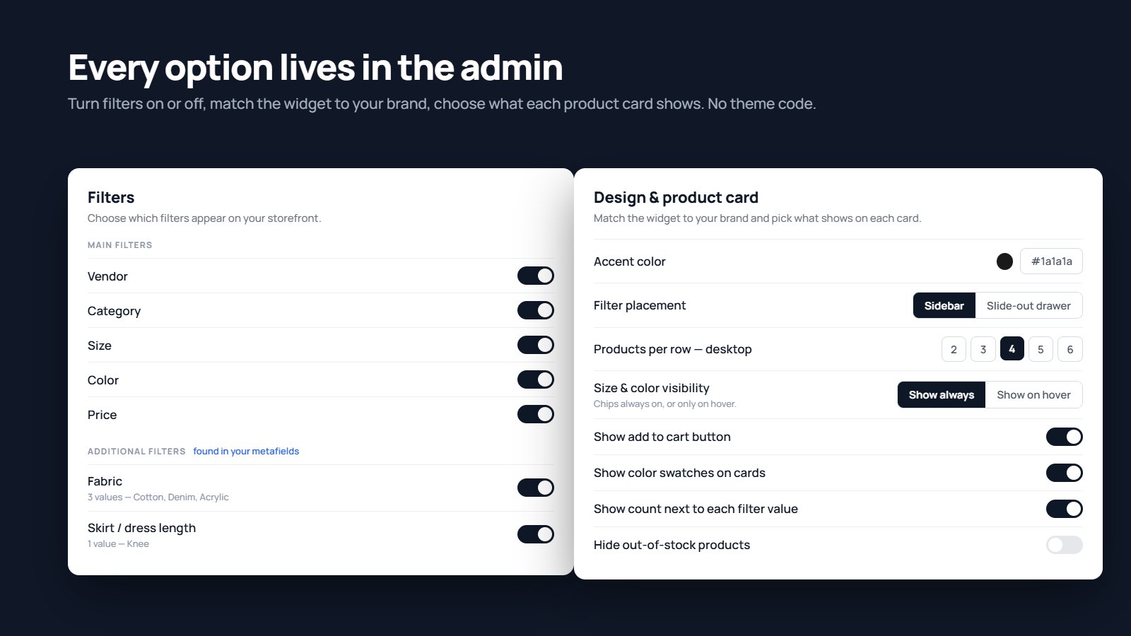 TurboFilterX admin panel with filter toggles and design controls